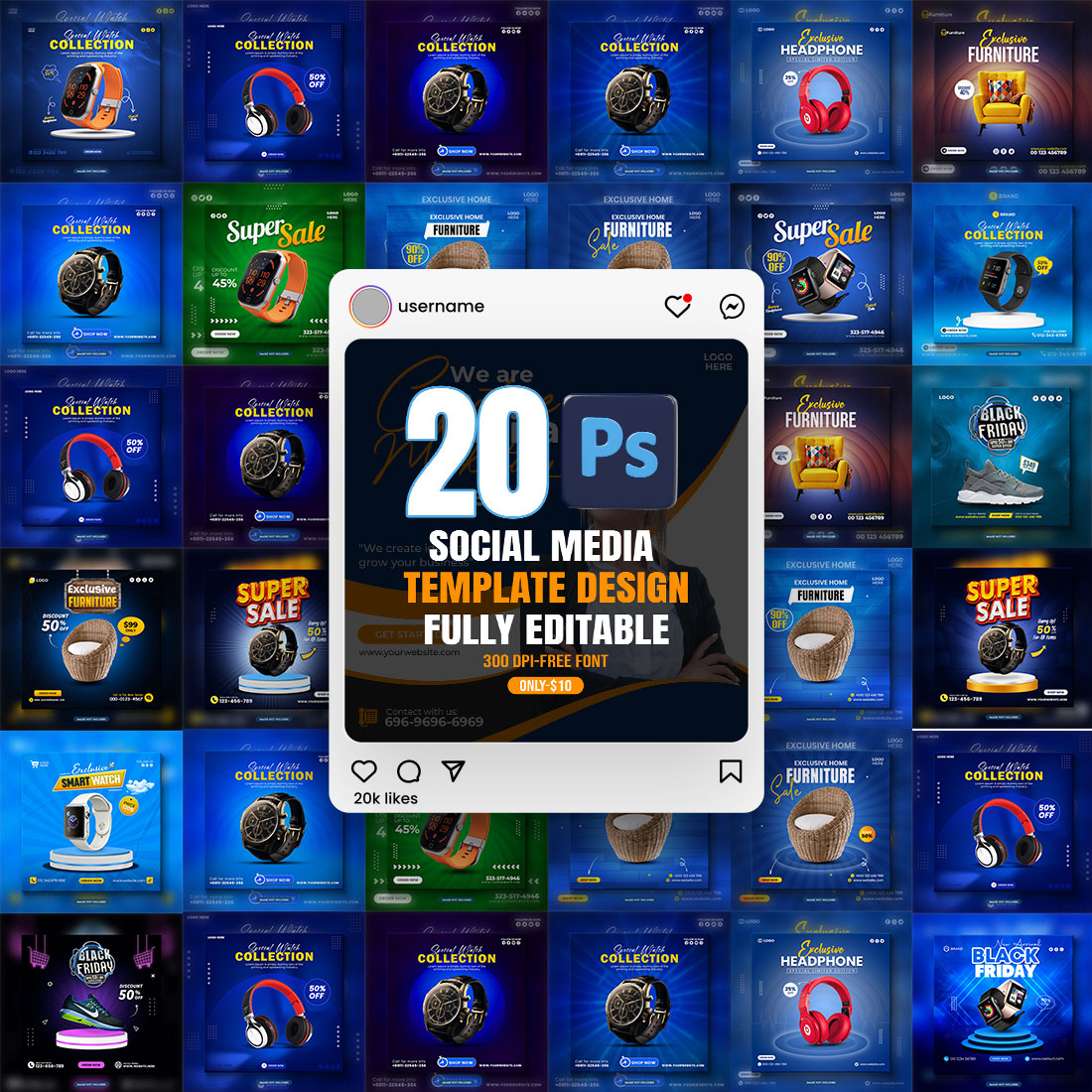 20 PSD social media banner or post template bundles fully editable preview image.