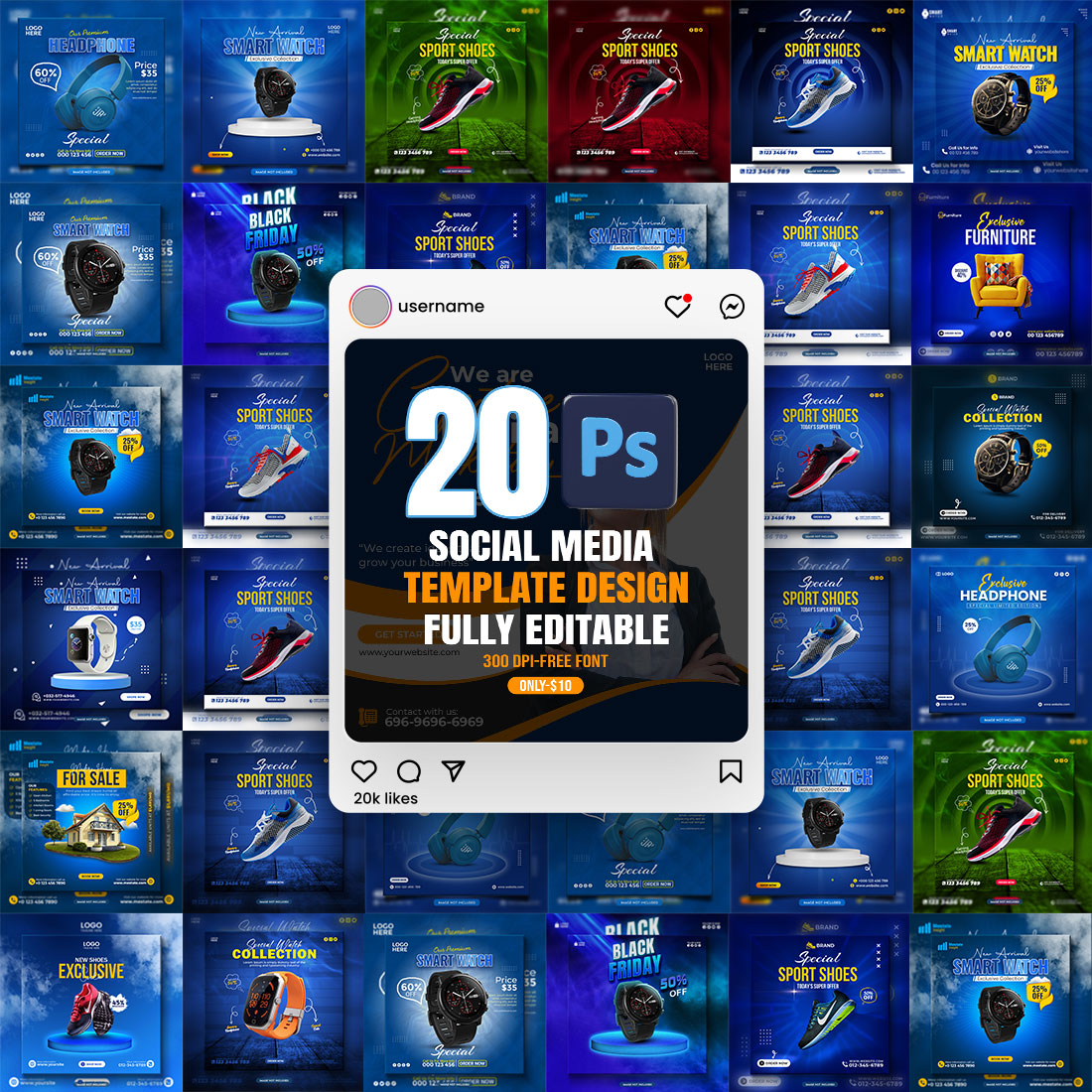 20 PSD social media banner or post template bundles fully editable preview image.