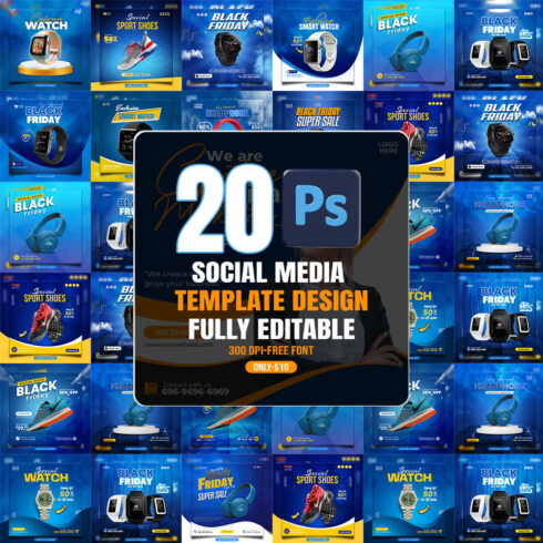20 PSD social media banner or post template bundles fully editable cover image.