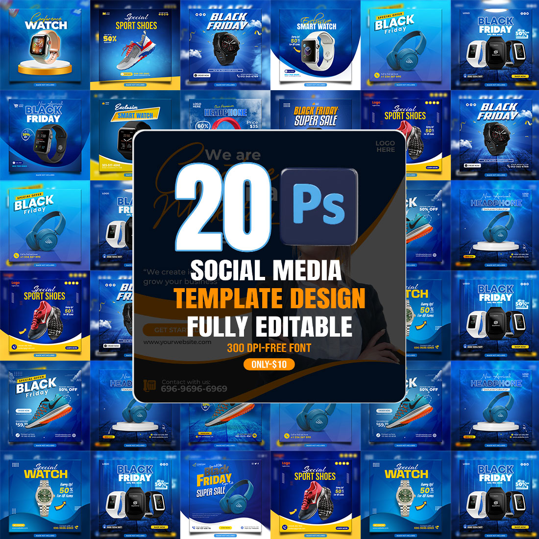 20 PSD social media banner or post template bundles fully editable cover image.