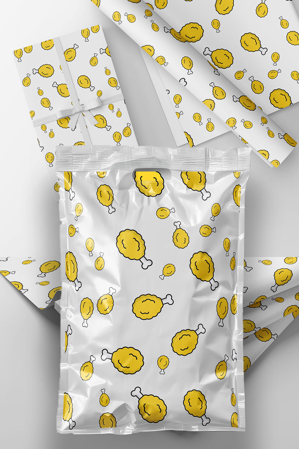 Playful Yellow Fried Chicken Drumstick Seamless Pattern Design pinterest preview image.