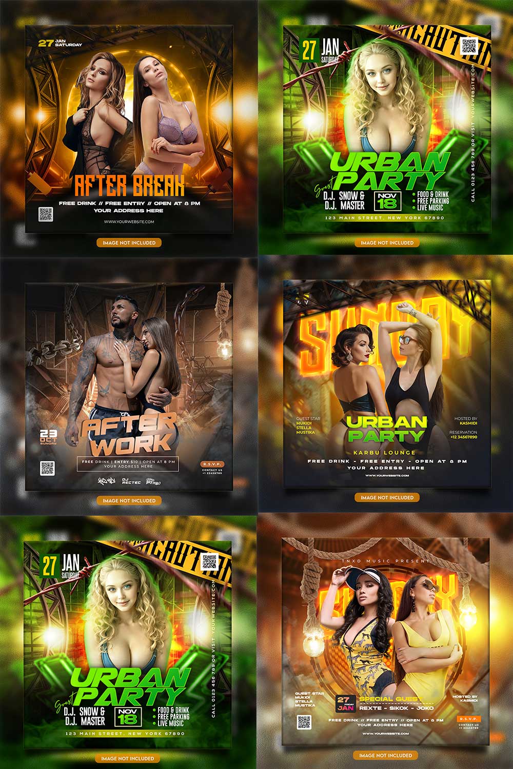 Premium Bundle Night dj party club flyer social media and Instagram post template pinterest preview image.