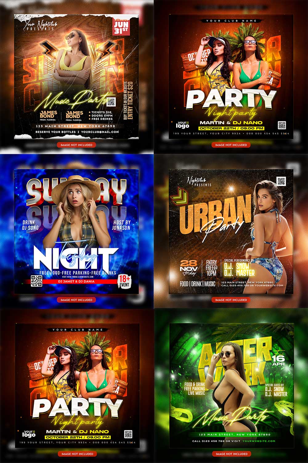 Premium Bundle Night dj party club flyer social media and Instagram post template pinterest preview image.