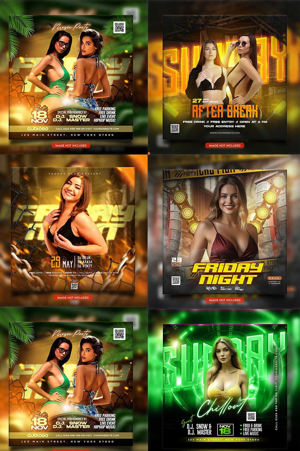 Premium Bundle Night dj party club flyer social media and Instagram post template pinterest preview image.