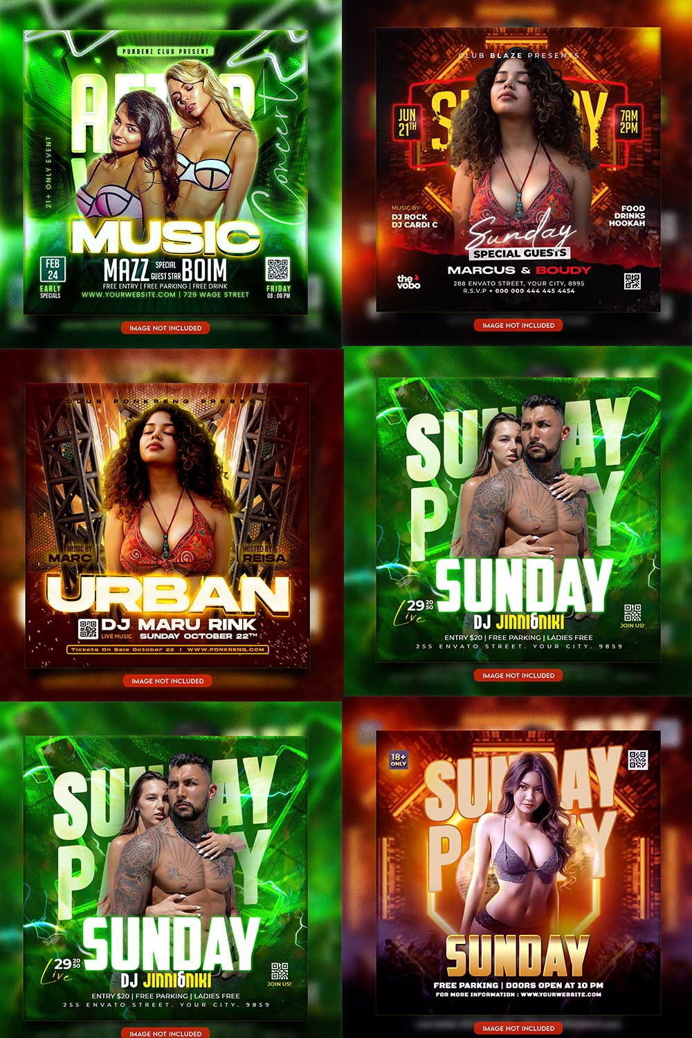 Premium Bundle Night dj party club flyer social media and Instagram post template pinterest preview image.
