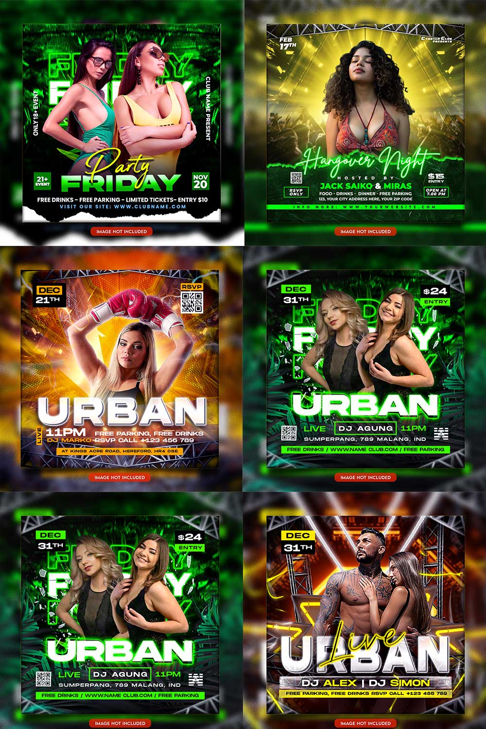 Premium Bundle Night dj party club flyer social media and Instagram post template pinterest preview image.