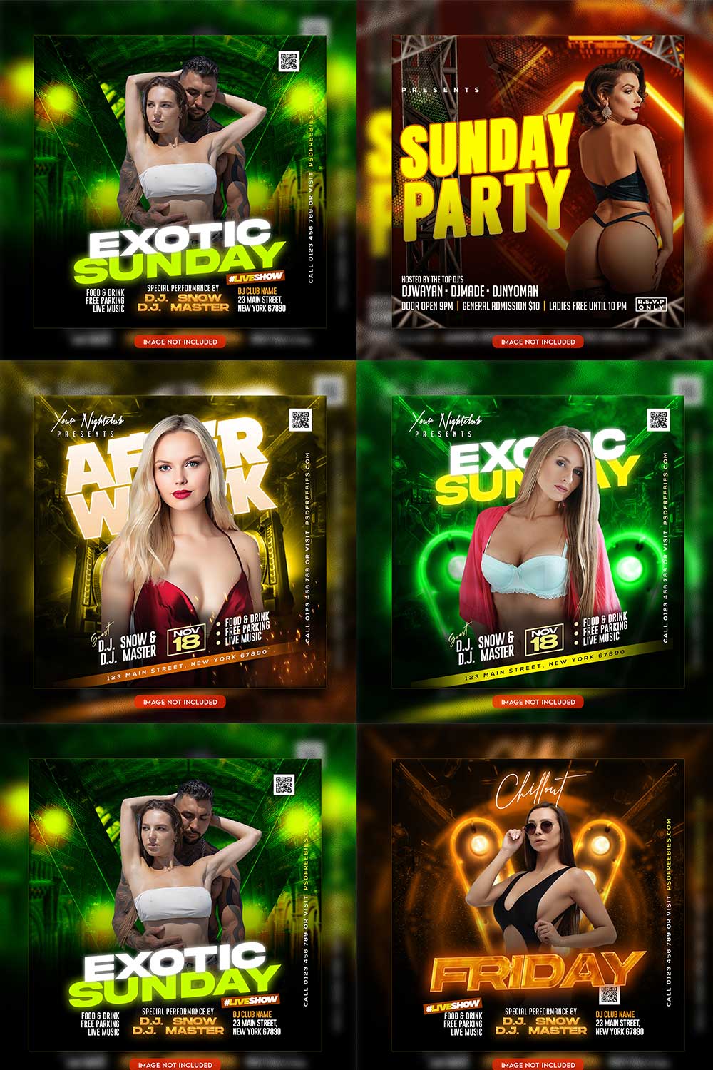 Premium Bundle Night dj party club flyer social media and Instagram post template pinterest preview image.