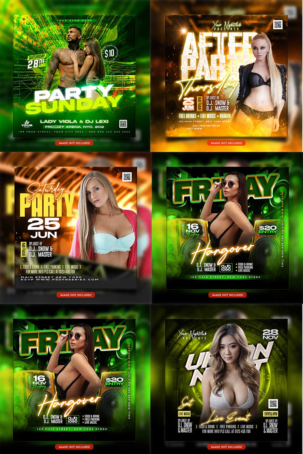 Premium Bundle Night dj party club flyer social media and Instagram post template pinterest preview image.