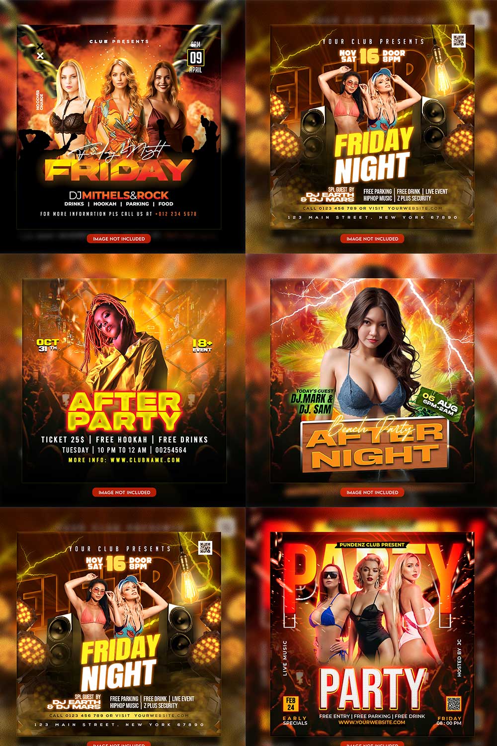 Premium Bundle Night dj party club flyer social media and Instagram post template pinterest preview image.