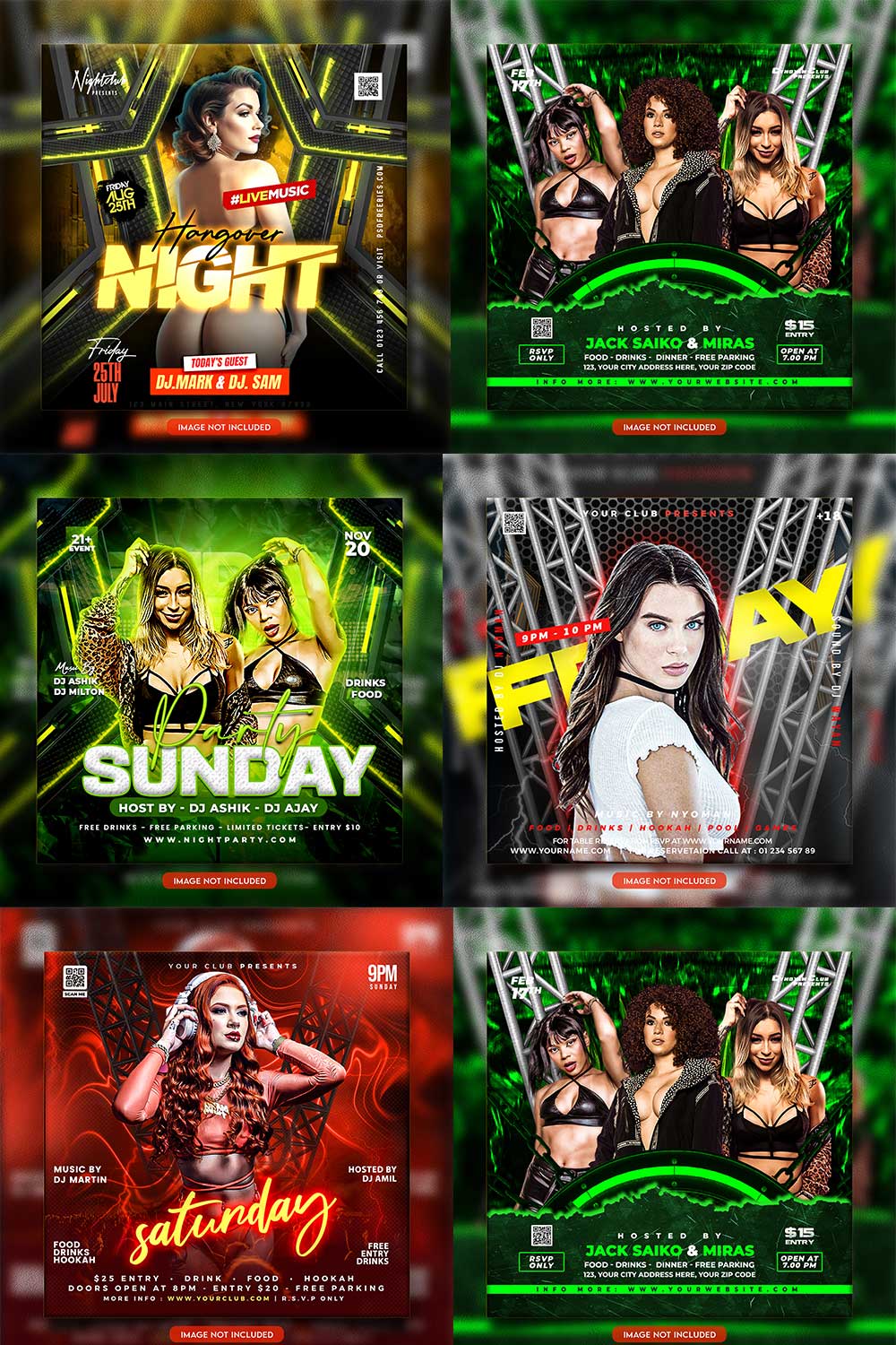 Premium Bundle Night dj party club flyer social media and Instagram post template pinterest preview image.