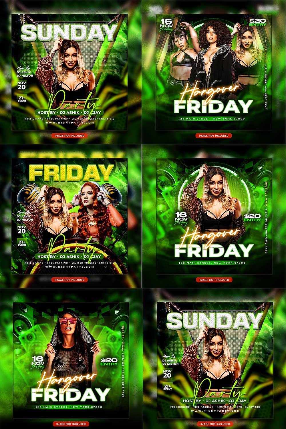 Premium Bundle Night dj party club flyer social media and Instagram post template pinterest preview image.