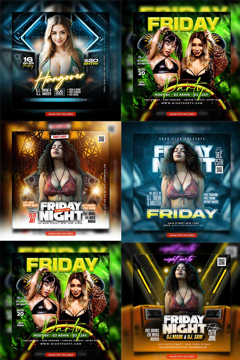 Premium Bundle Night dj party club flyer social media and Instagram post template pinterest preview image.