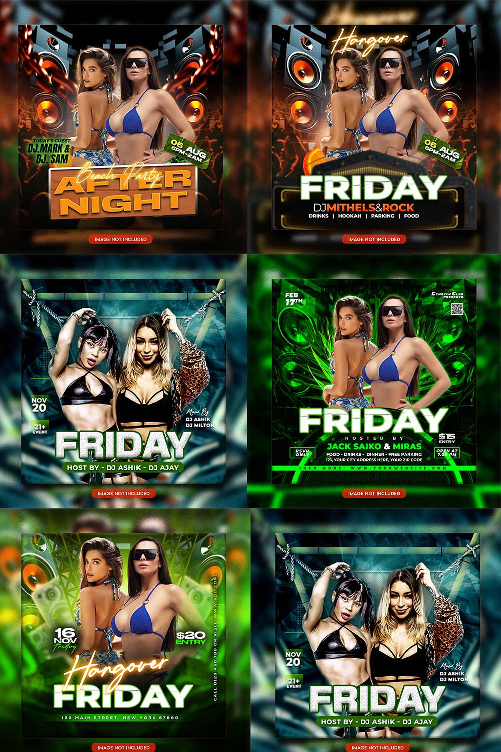 Premium Bundle Night dj party club flyer social media and Instagram post template pinterest preview image.