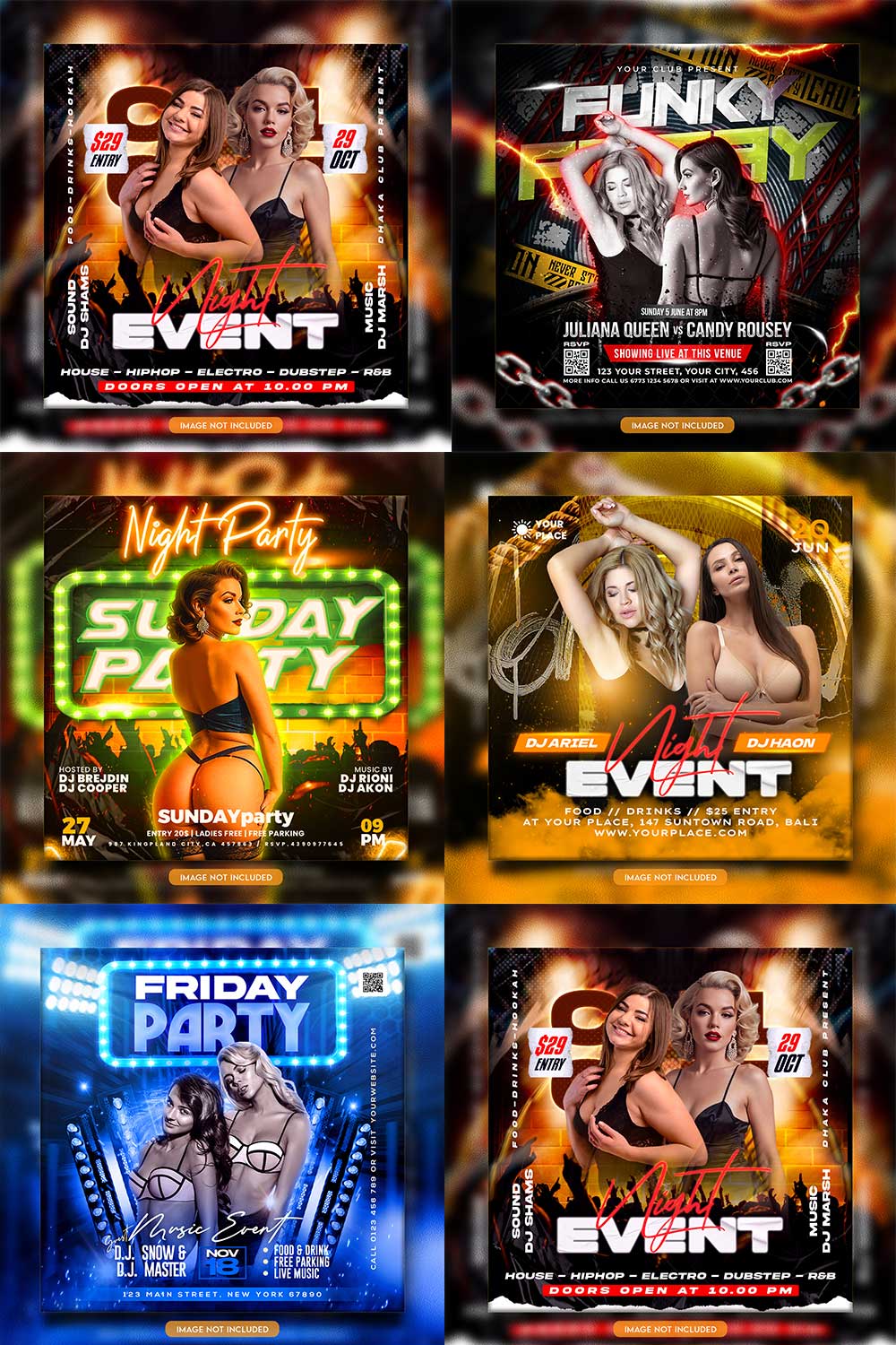 Premium Bundle Night dj party club flyer social media and Instagram post template pinterest preview image.