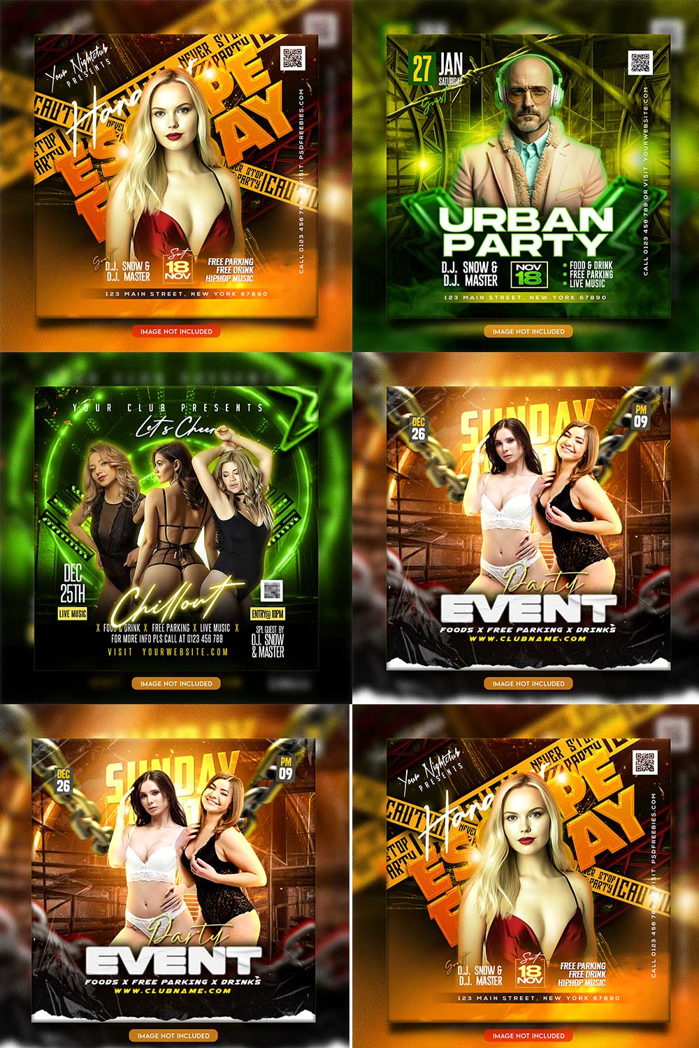 Premium Bundle Night dj party club flyer social media and Instagram post template pinterest preview image.