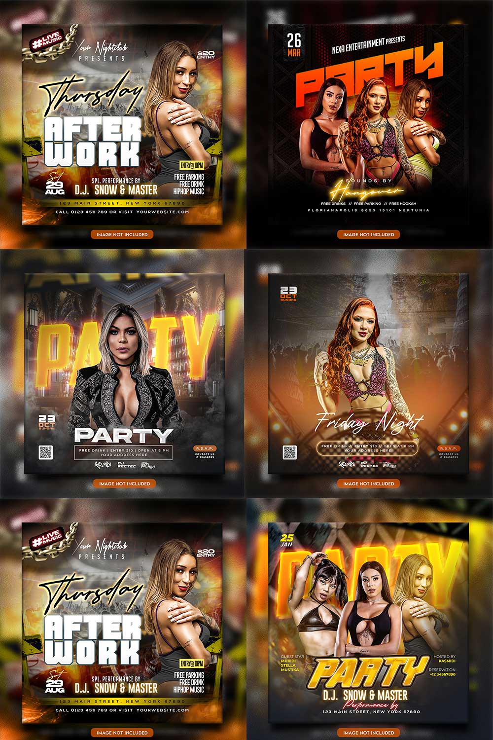 Premium Bundle Night dj party club flyer social media and Instagram post template pinterest preview image.