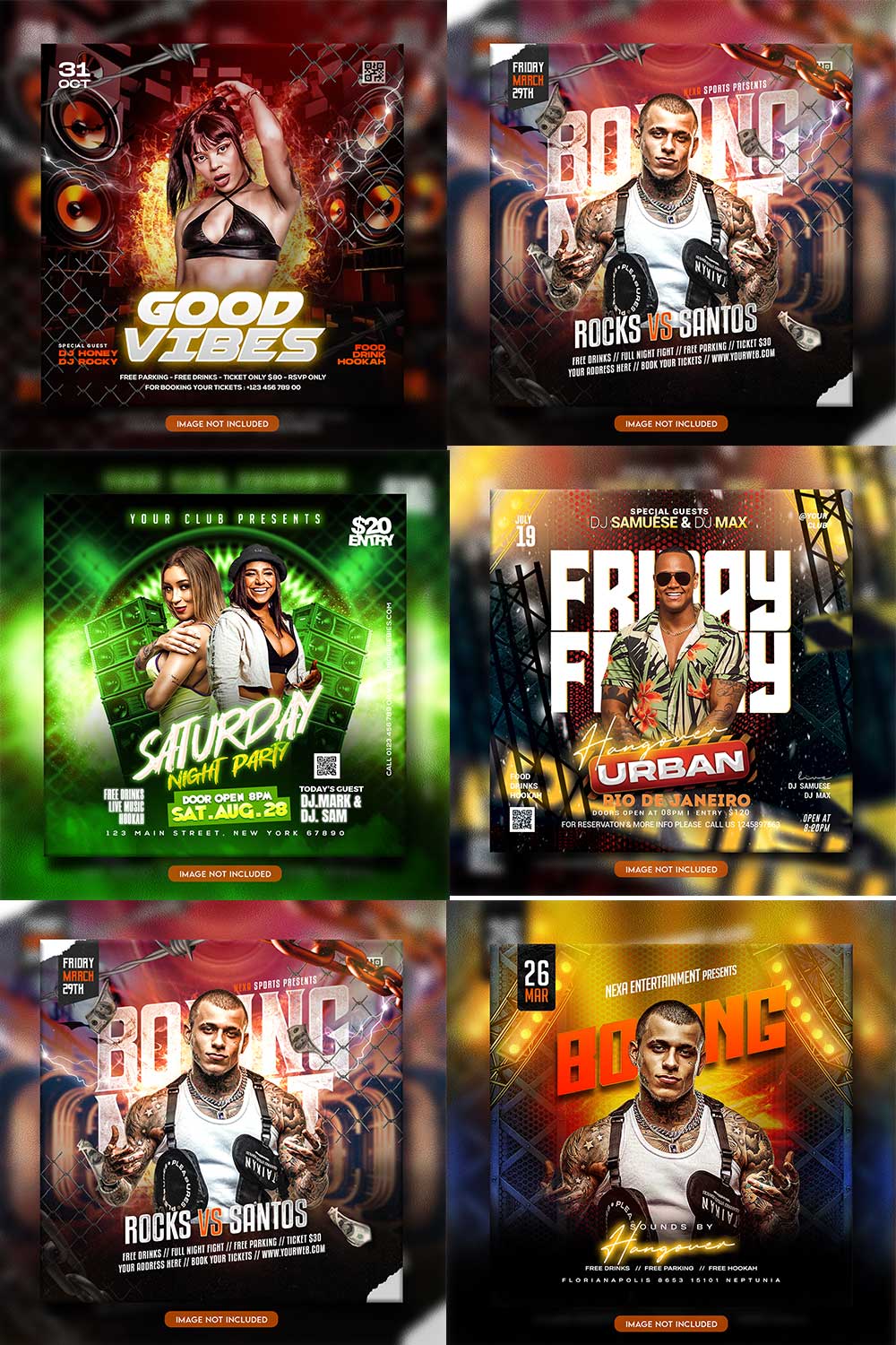Premium Bundle Night dj party club flyer social media and Instagram post template pinterest preview image.