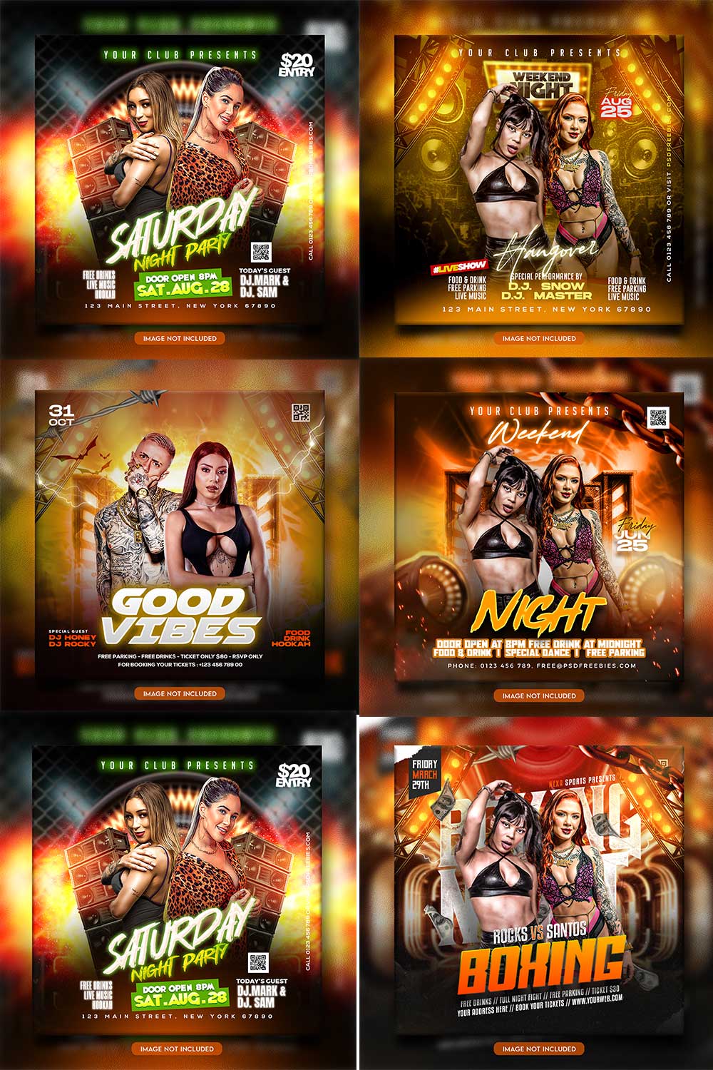 Premium Bundle Night dj party club flyer social media and Instagram post template pinterest preview image.