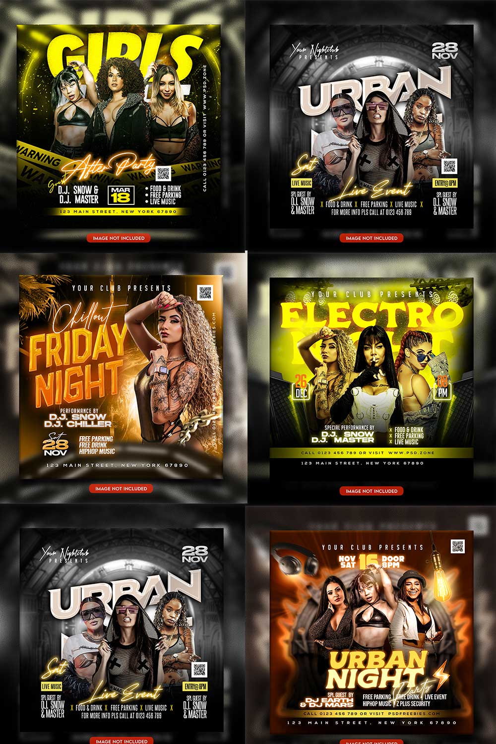 Premium Bundle Night dj party club flyer social media and Instagram post template pinterest preview image.