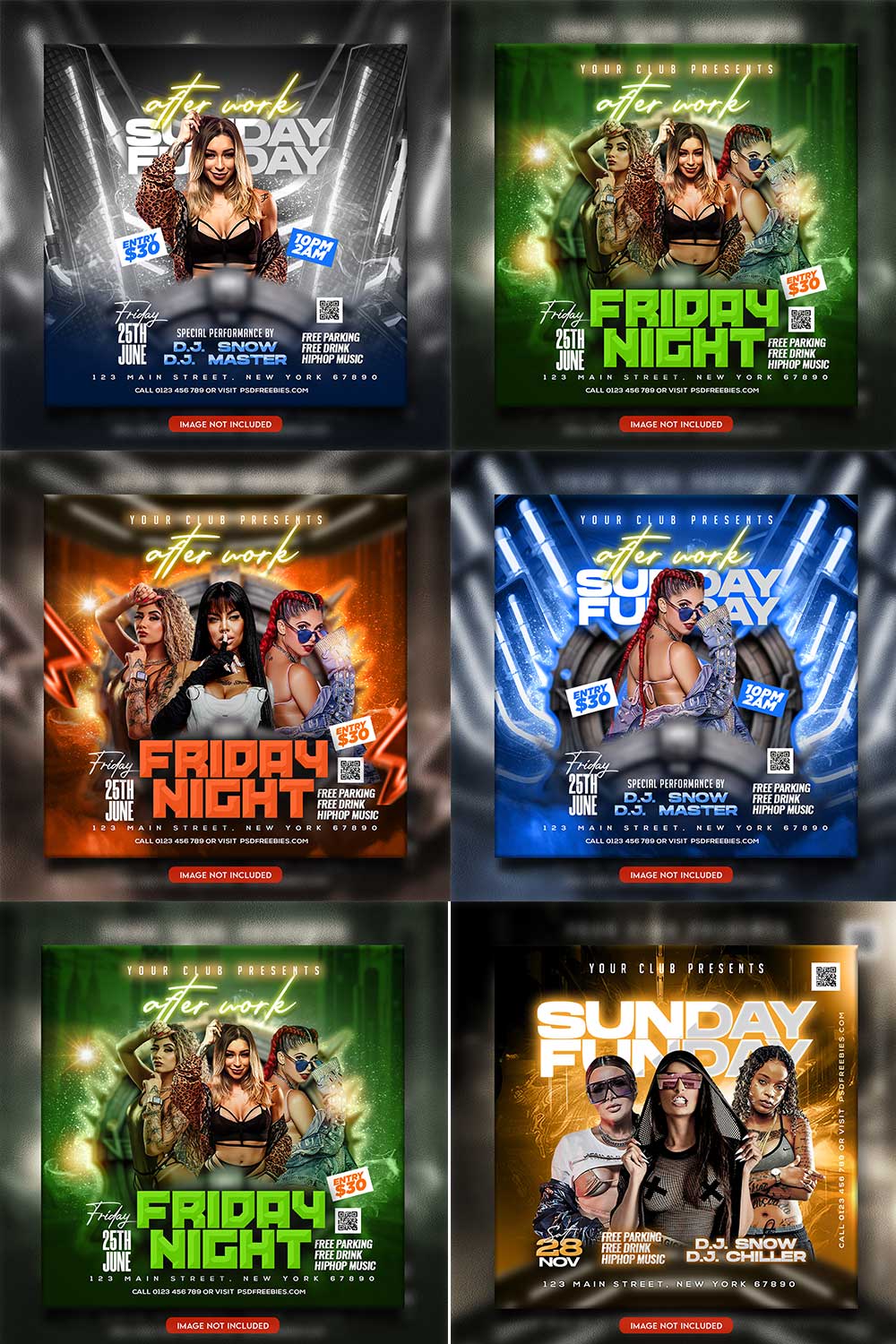 Premium Bundle Night dj party club flyer social media and Instagram post template pinterest preview image.
