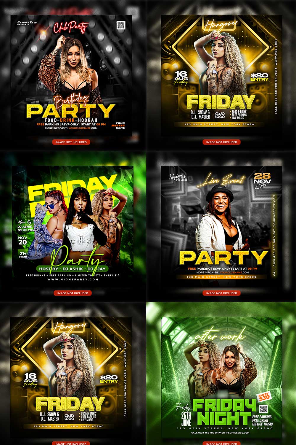 Premium Bundle Night dj party club flyer social media and Instagram post template pinterest preview image.