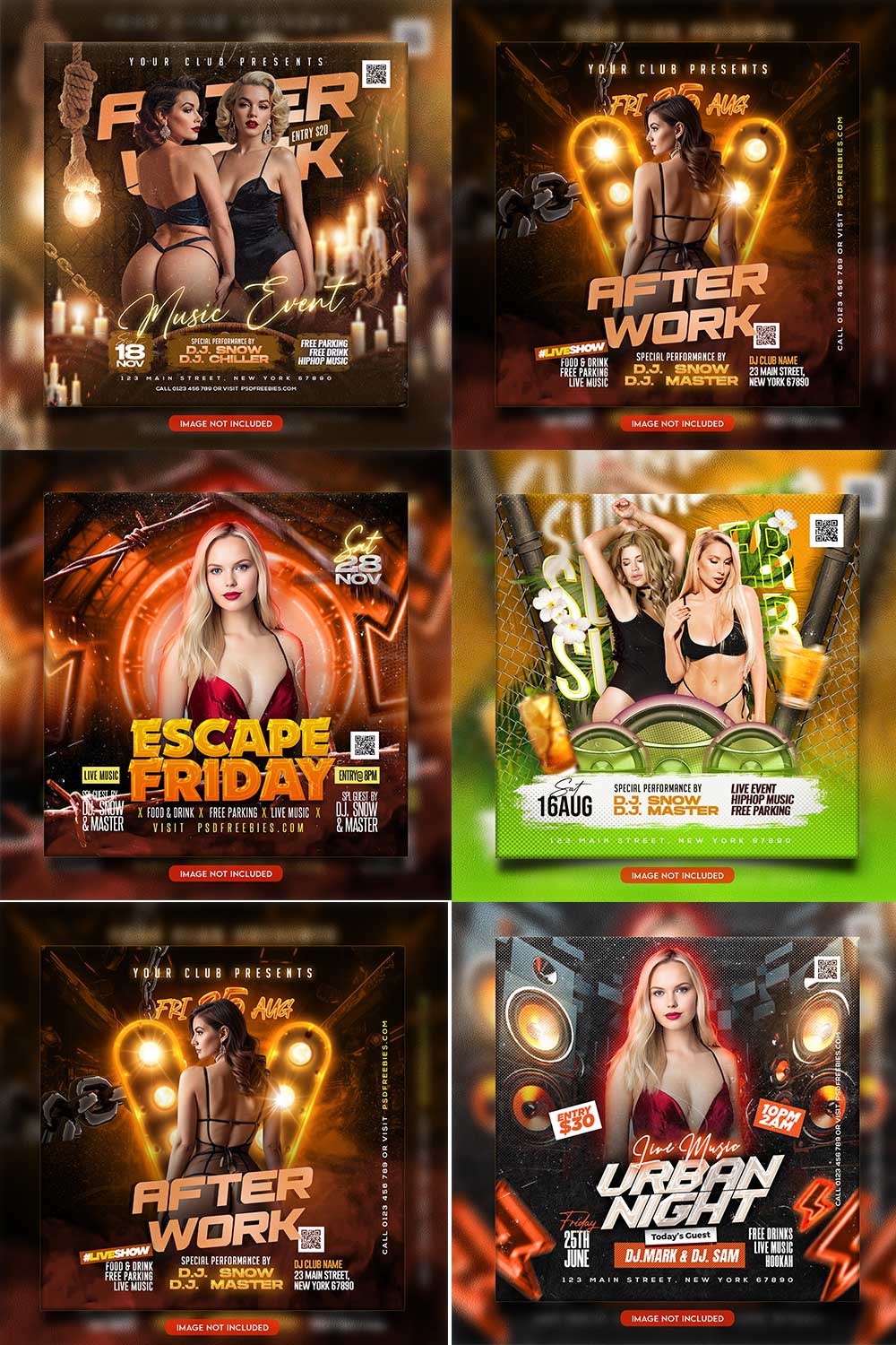 Premium Bundle Night dj party club flyer social media and Instagram post template pinterest preview image.