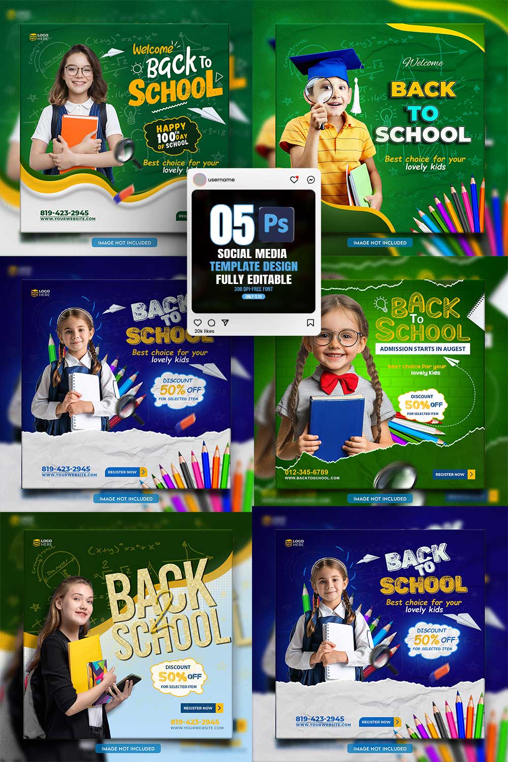 10 social media banner or post template bundles fully editable pinterest preview image.