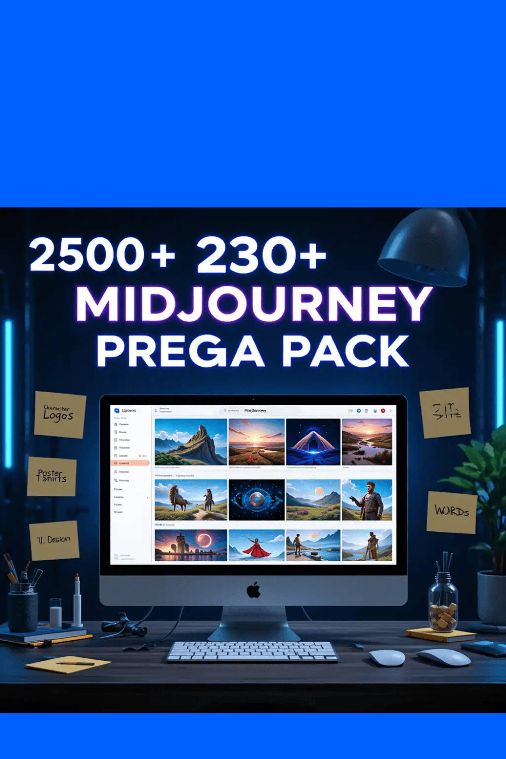 2500+ Midjourney Prompts Mega Pack | Master AI Image Generation for Art, Branding, Design & More pinterest preview image.
