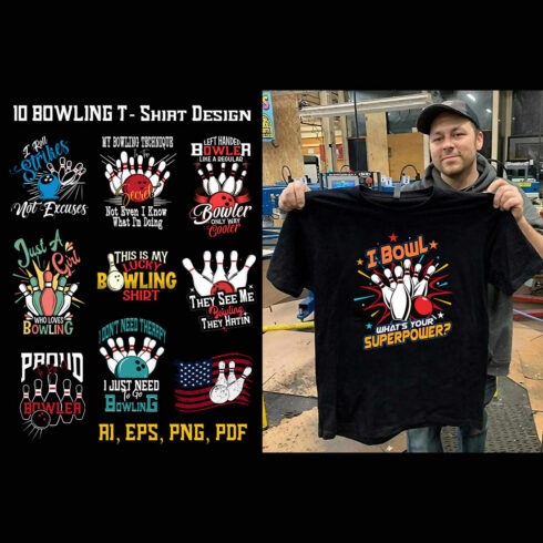 10 Bowling typography t shirt design cover image.