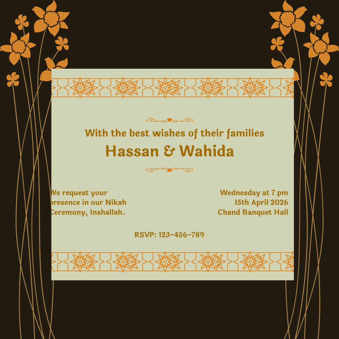 beautiful nikah invitation card with beige and orange color combination preview image.