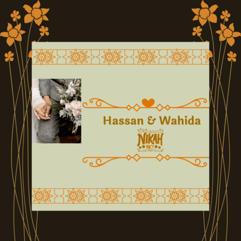 beautiful nikah invitation card with beige and orange color combination cover image.
