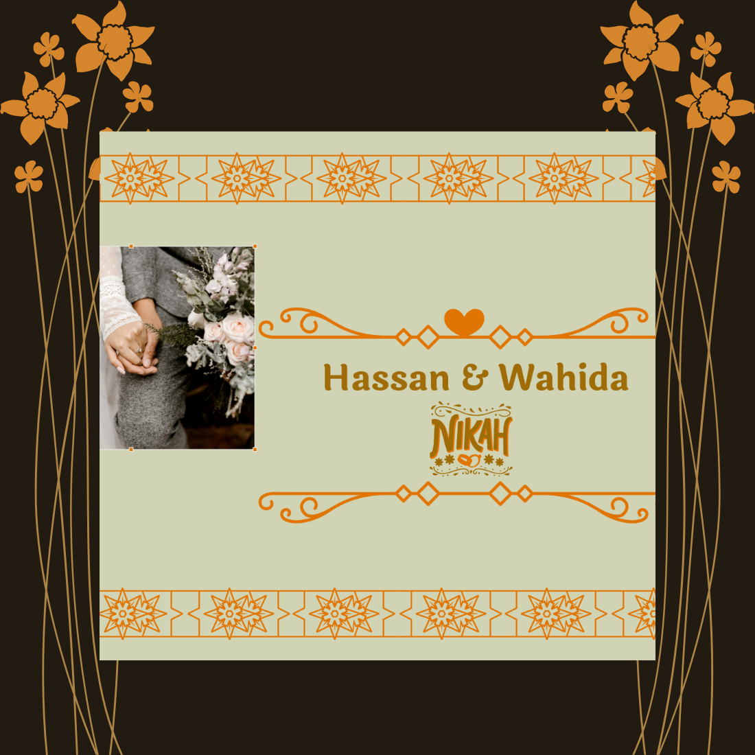 beautiful nikah invitation card with beige and orange color combination cover image.
