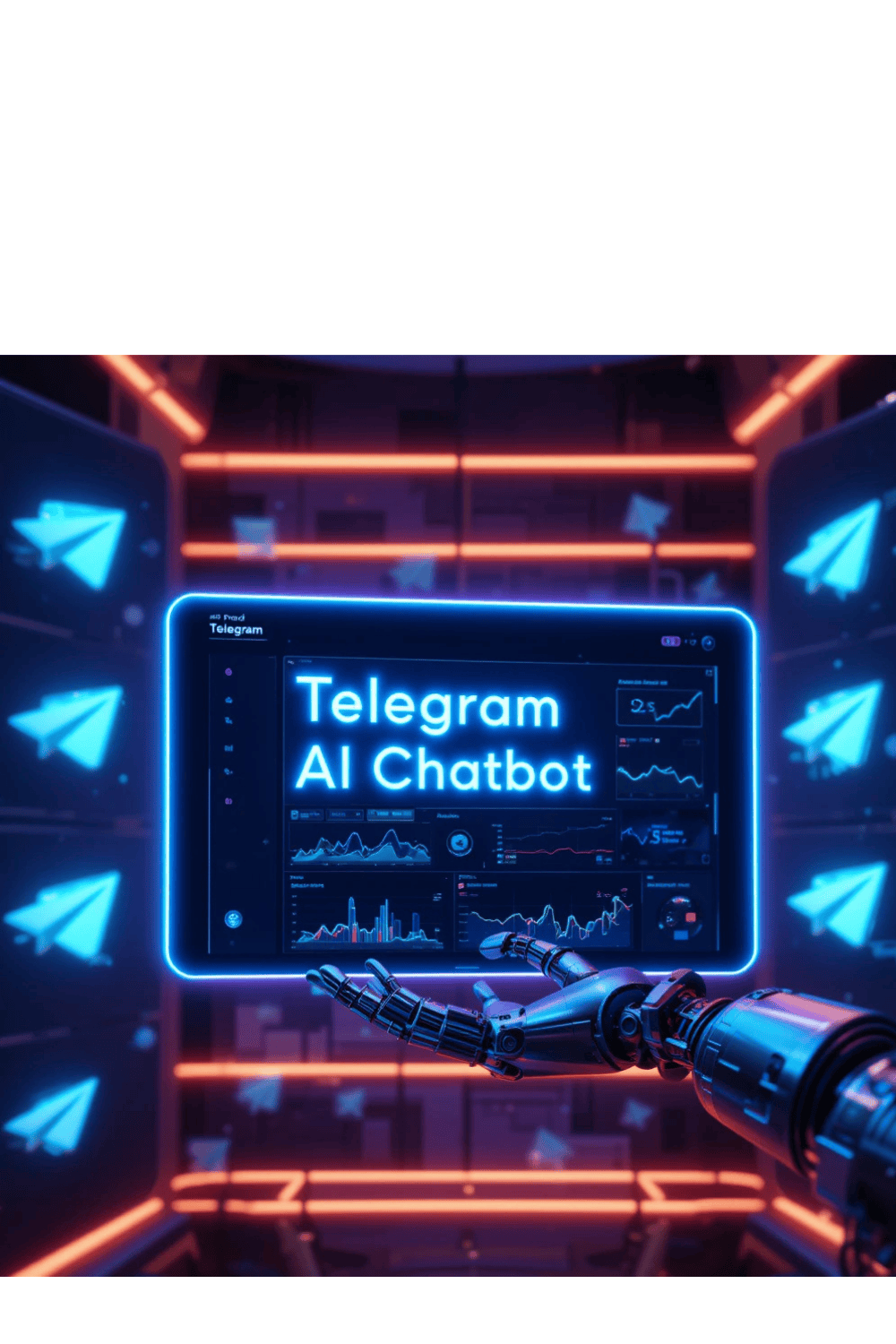 *"A futuristic neon-lit 3D scene featuring a sleek Telegram AI Chatbot interface floating in mid-air The heading 'Telegram AI Chatbot Pro' appears in glowing blue letters with a metallic finish In the background, translucent Telegram paper plane logos (blue-white) form a dynamic grid pattern A robotic arm interacts with the chatbot dashboard, showcasing live analytics graphs Cyberpunk style, dark purple/blue gradient backdrop, cinematic lighting, 8K ultra-detailed render"* pinterest preview image.