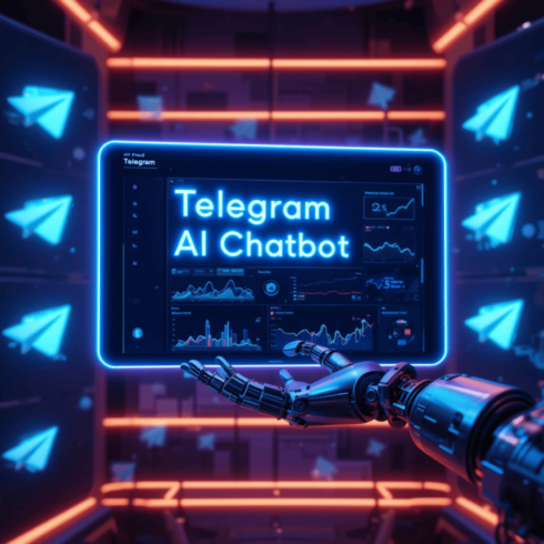 *"A futuristic neon-lit 3D scene featuring a sleek Telegram AI Chatbot interface floating in mid-air The heading 'Telegram AI Chatbot Pro' appears in glowing blue letters with a metallic finish In the background, translucent Telegram paper plane logos (blue-white) form a dynamic grid pattern A robotic arm interacts with the chatbot dashboard, showcasing live analytics graphs Cyberpunk style, dark purple/blue gradient backdrop, cinematic lighting, 8K ultra-detailed render"* cover image.