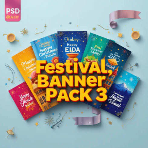 Festival Banner Pack 3 – Editable PSD & AI Templates for Social Media & Print cover image.