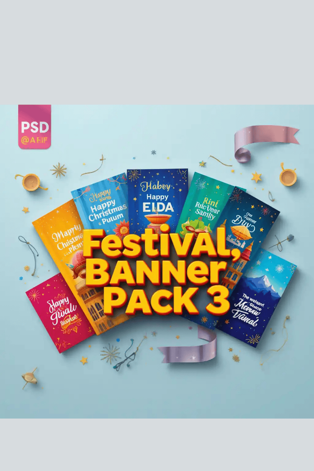 Festival Banner Pack 3 – Editable PSD & AI Templates for Social Media & Print pinterest preview image.