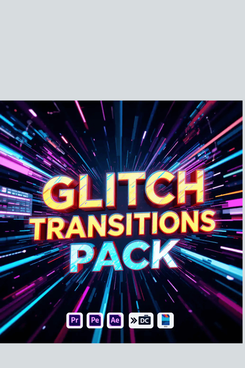 Glitch Transitions Pack – Seamless Video Effects for Premiere Pro, After Effects & Final Cut pinterest preview image.