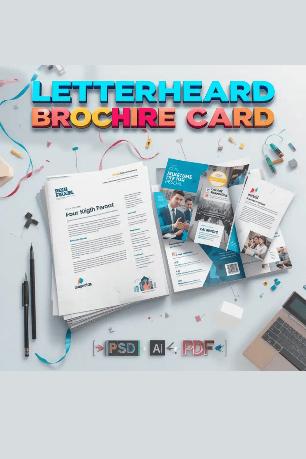 Letterhead, Visiting Card, Flyers & Tri-Fold Brochure Bundle pinterest preview image.