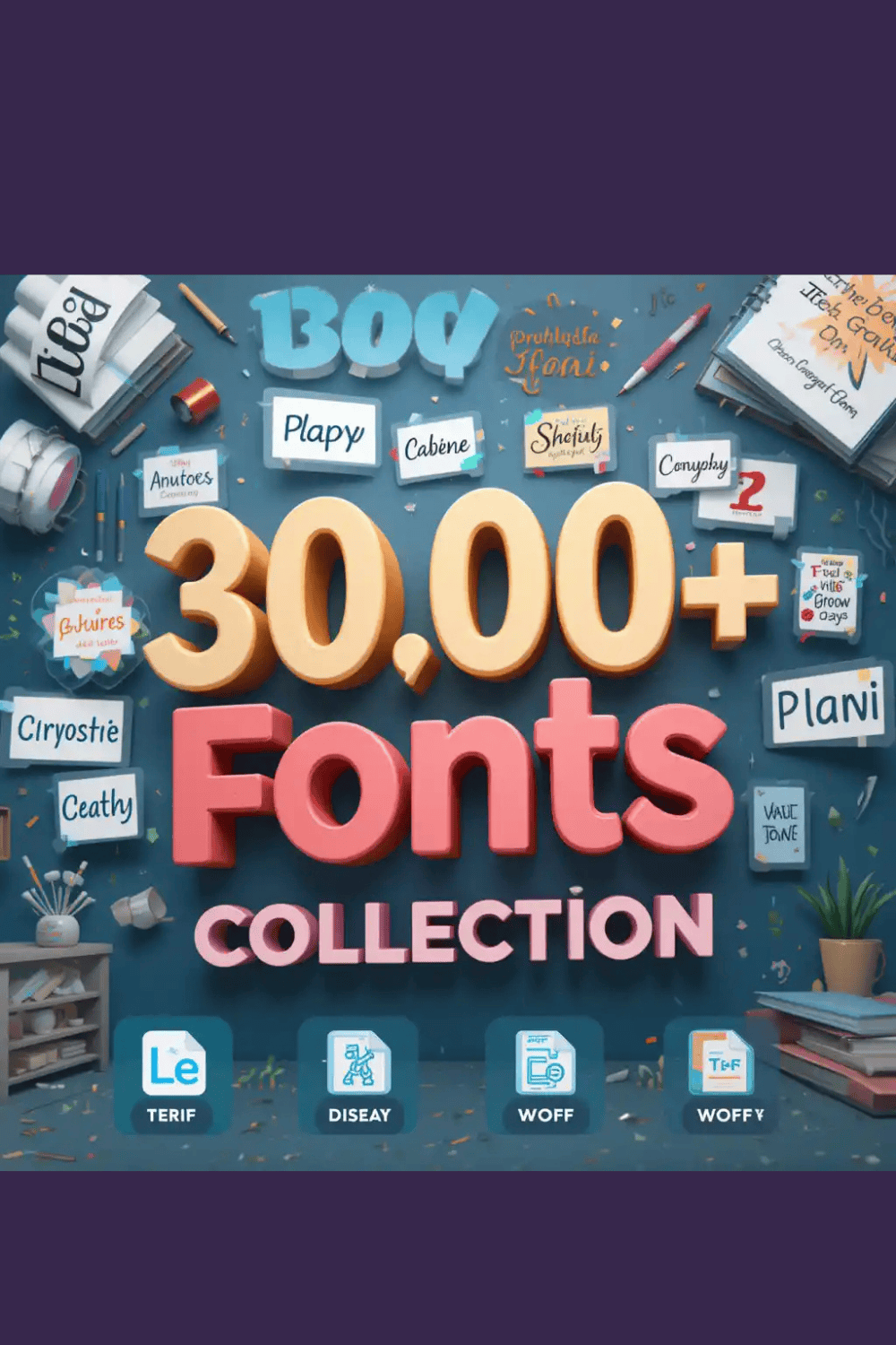30,000+ Fonts Collection – Ultimate Font Bundle for Designers, Crafters & Creators pinterest preview image.
