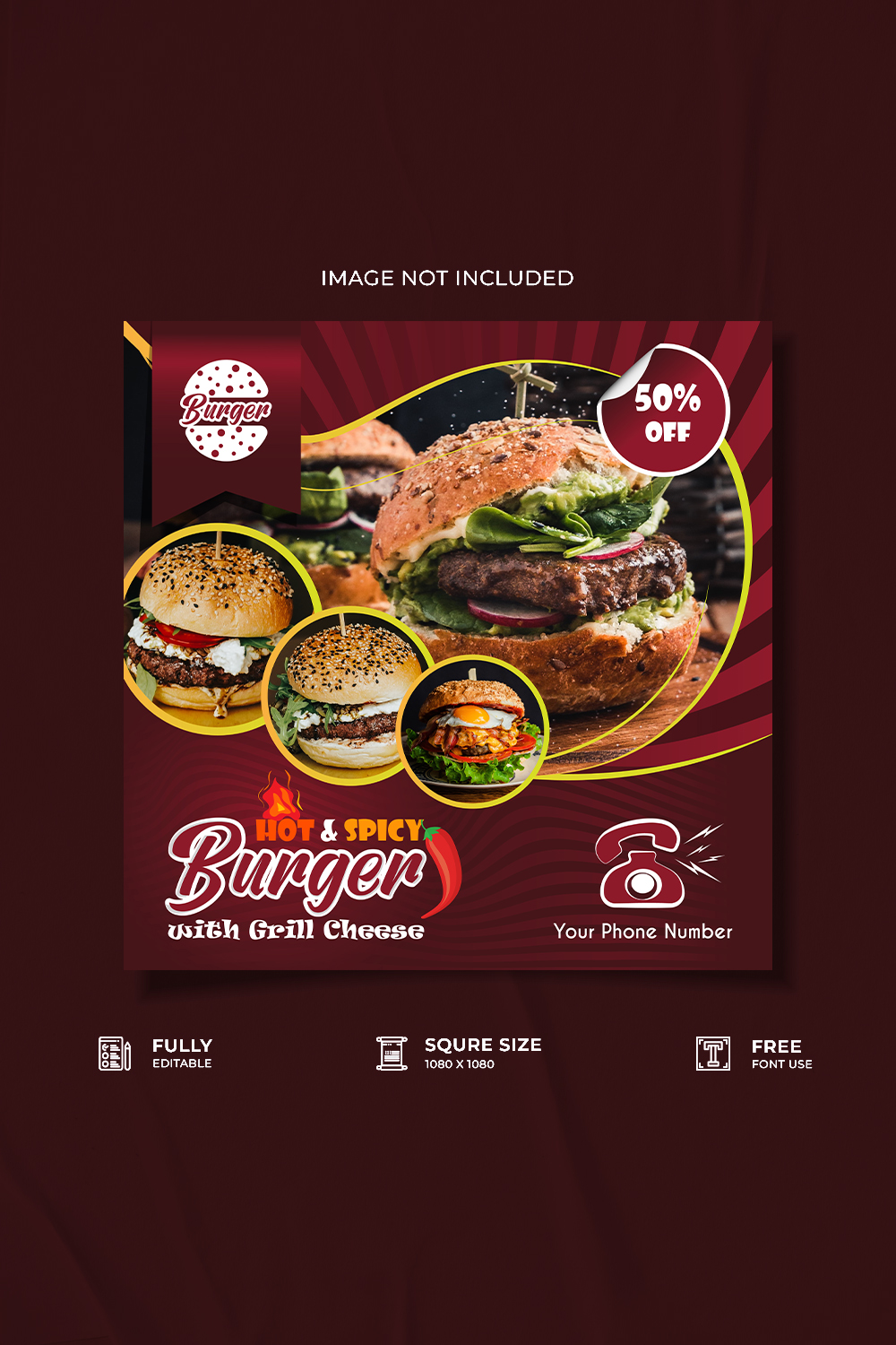 Burger restaurant social media poster design pinterest preview image.