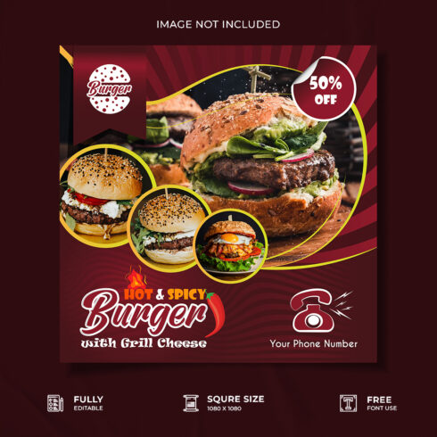 Burger restaurant social media poster design cover image.