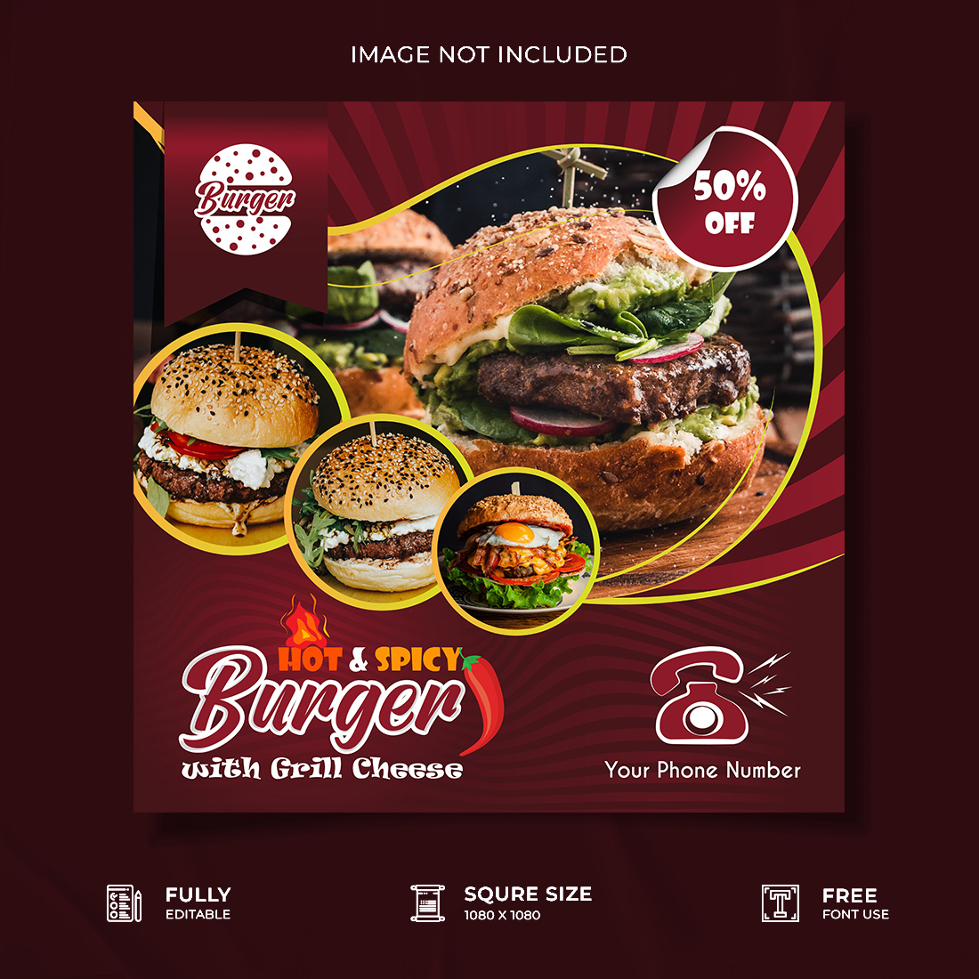Burger restaurant social media poster design preview image.