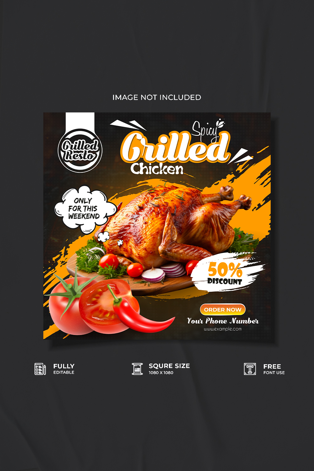 Professional restaurant grilled chicken social media poster template pinterest preview image.