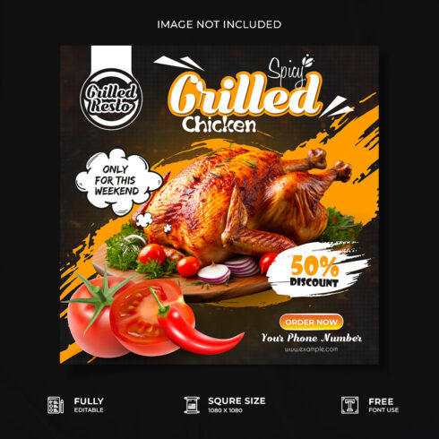 Professional restaurant grilled chicken social media poster template cover image.