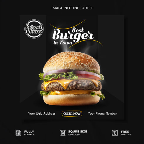 Restaurant burger promotional media poster design cover image.