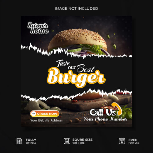 Restaurant burger promotional media poster design cover image.