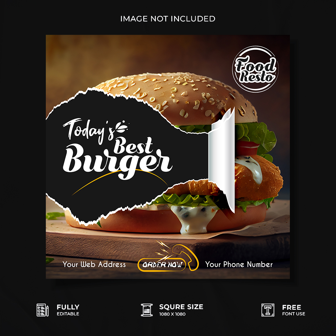Restaurant burger promotional media poster design preview image.