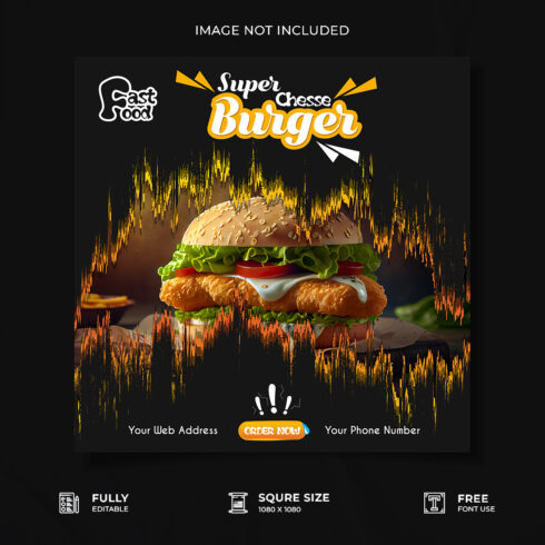 Restaurant burger promotional media poster design cover image.