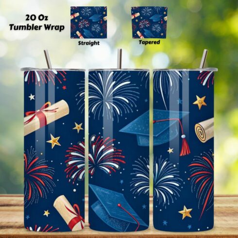 4th Of July Graduation Stars Seamless Tumbler Wrap - 3D Cap & Firework Combo, 20oz Skinny Sublimation Design, American Flag Floral Art, Independence Day Tumbler Wrap, Fourth of July Floral Gift, USA Patriotic Flower Wrap cover image.