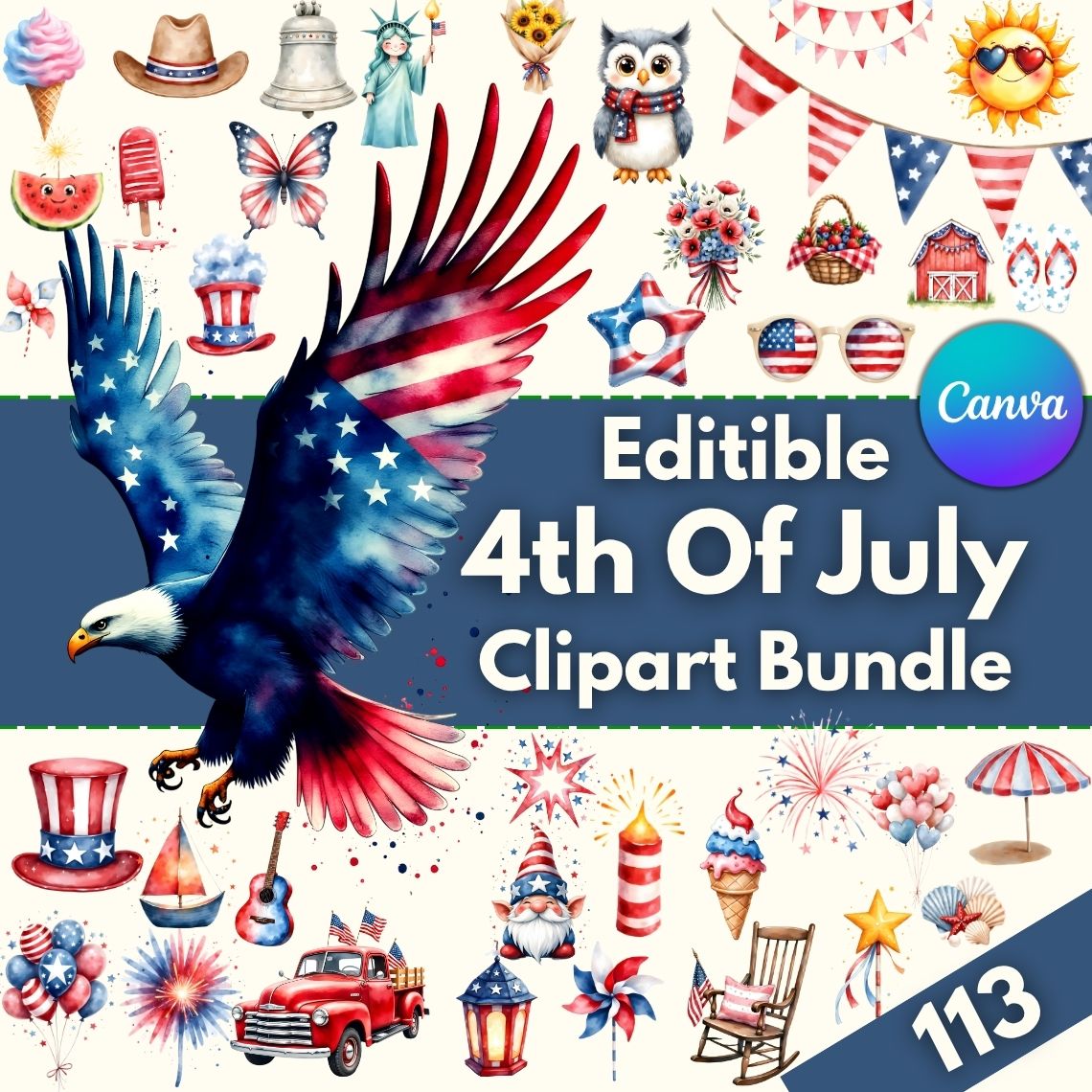 113 Editable Watercolor 4th of July Clipart Bundle | Patriotic Summer PNGs | Independence Day Stickers, Sublimation, Digital Download cover image.
